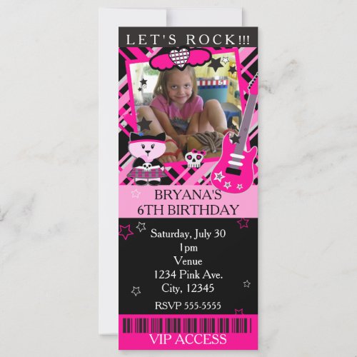 Pink Rock Star Kitty Cat Pink Ticket VIP Party Invitation