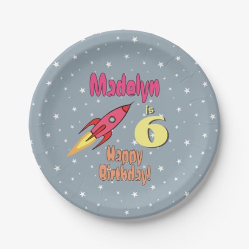 Pink Rocket Personalized Girl Birthday Feminist Paper Plates