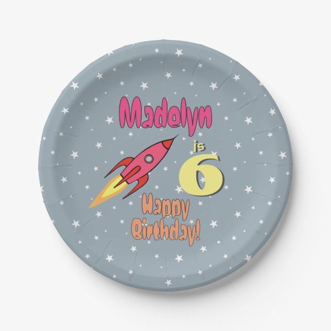 Pink Rocket Personalized Girl Birthday Feminist Paper Plates (Front)