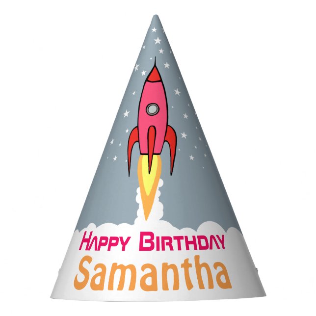 Pink Rocket Personalized Girl Birthday Feminist Party Hat (Front)