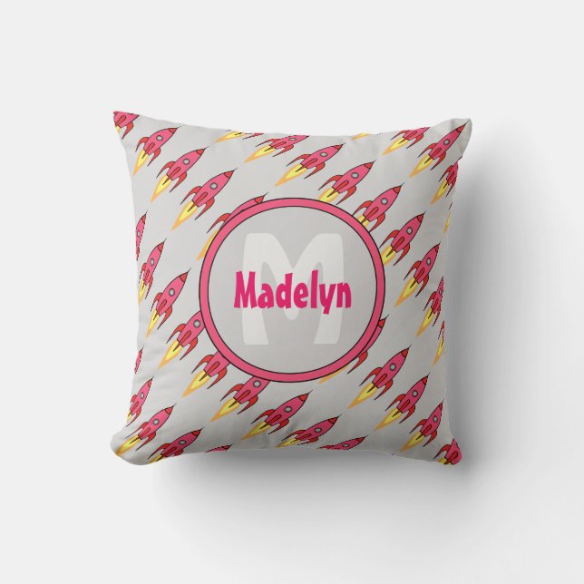 Pink Rocket Ship Monogram Outer Space Girls Room Throw Pillow (Front)