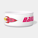 Pink Rocket Ship Outer Space Personalized Pet Name Bowl<br><div class="desc">Magenta Pink Retro Rocket Ship Personalized Pet Bowl. Customize it with your pet's name, family last name or other other text. All wording can be customized or deleted. Perfect for a dog who loves to run fast. Design features a cartoon rocketship pattern with stylish customized typography font text and initial...</div>