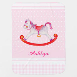 Pink rocking horse art name baby blanket