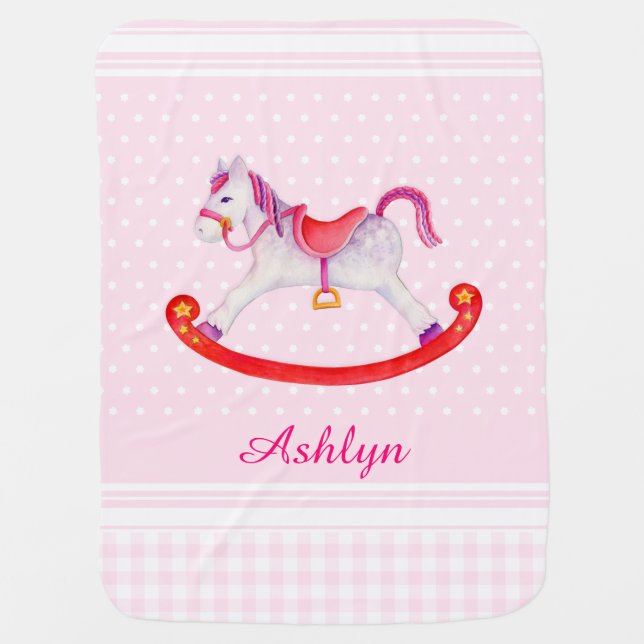 Pink rocking horse art name baby blanket (Front)