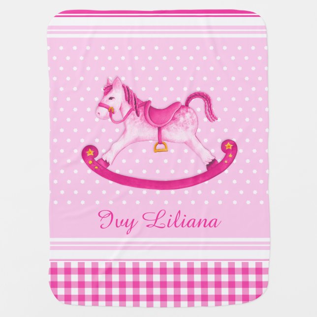 Pink rocking horse art name baby blanket (Front)