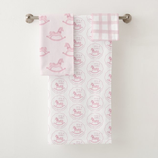 Pink Rocking Horse Baby Girl Personalized Bath Towel Set (Insitu)