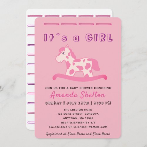Pink Rocking Horse Baby Girl Shower Invitation - Cute rocking horse themed personalizable baby shower invitation card. Modern baby girl shower invitation with a text It`s a girl for your family and friends. 
The design has a cute pink rocking horse for a baby girl on a pink background.
The background is pink but you can change it by customizing the invite.