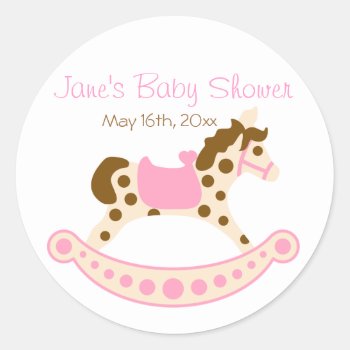 Pink Rocking Horse Baby Shower Classic Round Sticker by LaBebbaDesigns at Zazzle