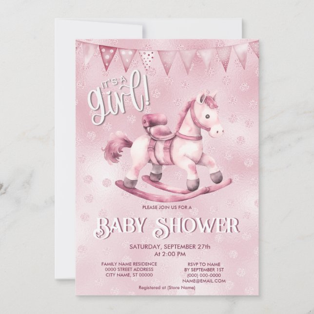 Pink Rocking Horse Baby Shower Invitation (Front)