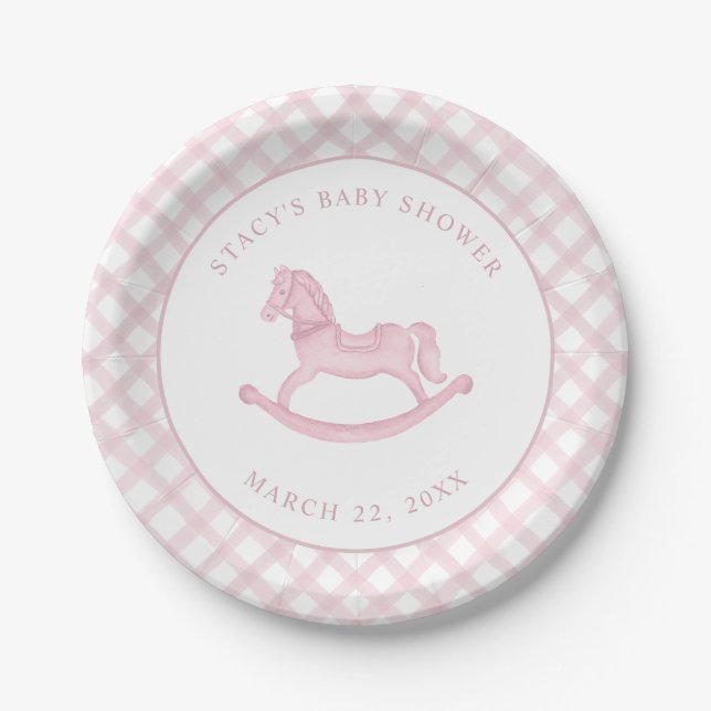 Pink Rocking Horse Baby Shower Paper Plates (Front)