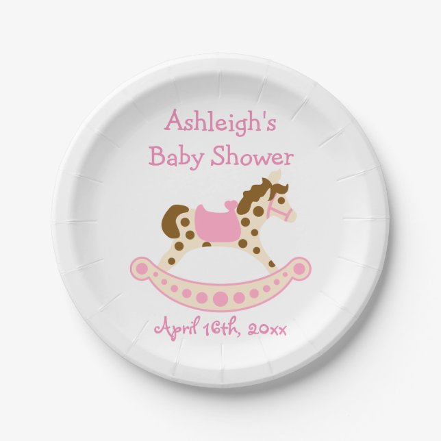Pink Rocking Horse Baby Shower Paper Plates (Front)