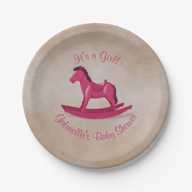 Pink Rocking Horse Baby Shower Paper Plates (Front)