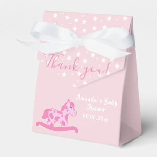 Pink Rocking Horse Baby shower Party favor box - A cute pink rocking horse baby shower party favor box. Thank you elegant script typography. Personalize the name and the date. Pink colors for a baby girl babyshower party celebration. Great party supplies for a new baby. Rocking horse themed favor box with white stars on a pink background.