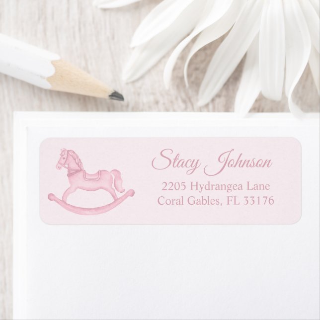 Pink Rocking Horse Baby Shower Return Address  Label (Insitu)