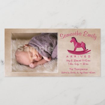 Pink Rocking Horse Birth Announcement by ArtByApril at Zazzle