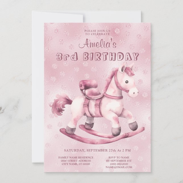 Pink Rocking Horse Birthday Invitation (Front)