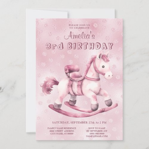 Pink Rocking Horse Birthday Invitation