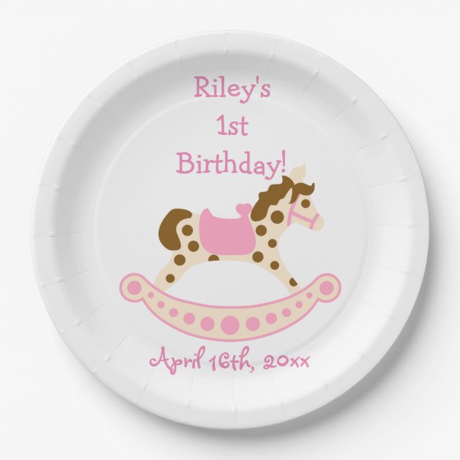 Pink Rocking Horse Birthday Paper Plates (Front)