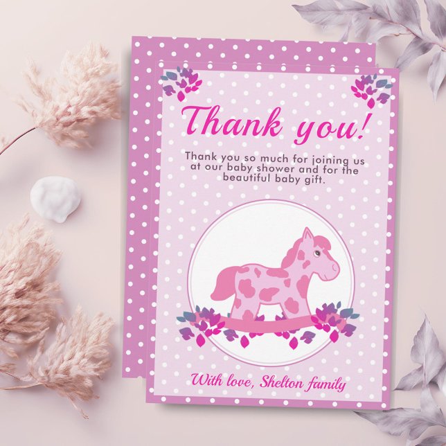 Pink Rocking Horse Dot Baby Girl Shower Thank You Card (Creator Uploaded)