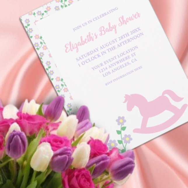 Pink Rocking Horse Girl Baby Shower Invitation (Creator Uploaded)