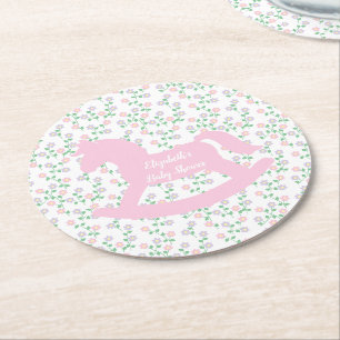 Pink Rocking Horse Girl Baby Shower Round Paper Coaster
