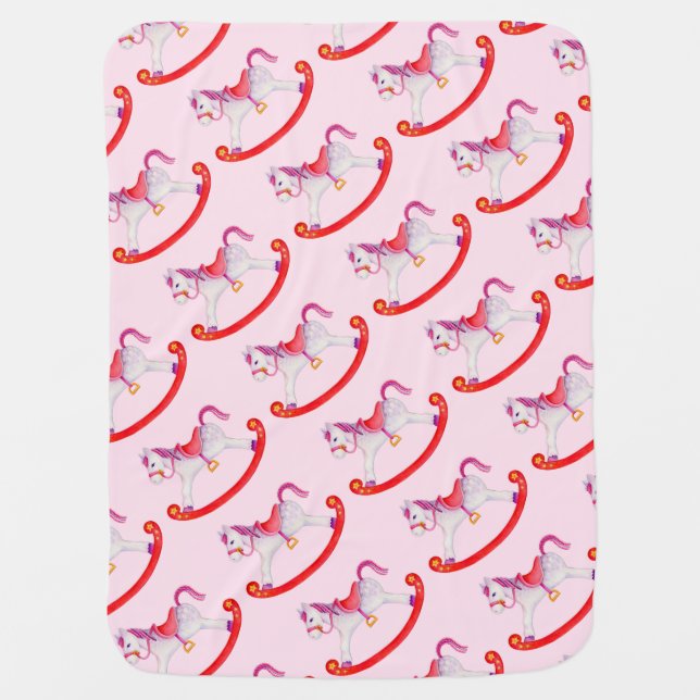 Pink rocking horse patterned art baby blanket (Front)