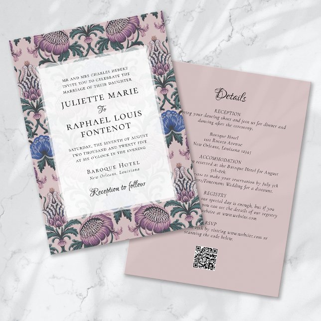 Pink Rococo Baroque Floral All in One Wedding Invitation (Creator Uploaded)
