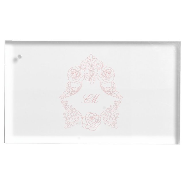 Pink Rococo Crest Monogram Victorian Place Card Holder (Front)