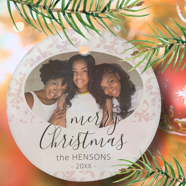 Pink Rococo Merry Christmas Script Photo  Glass Ornament (Creator Uploaded)