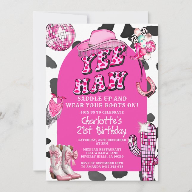 Pink Rodeo Retro Cowgirl Birthday Dance Party Invitation (Front)