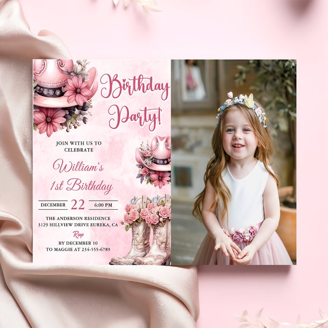 Pink Rodeo Western Cowgirl Birthday Party Photo Invitation (Creator Uploaded)