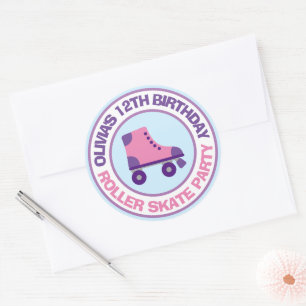 Pink roller skate Birthday party stickers for girl