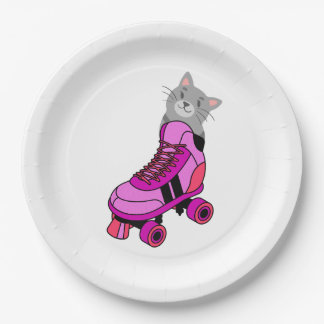Pink Roller Skate Cat Paper Plates