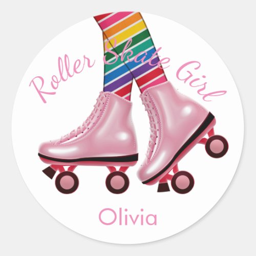 Pink Roller Skate Girl Classic Round Sticker