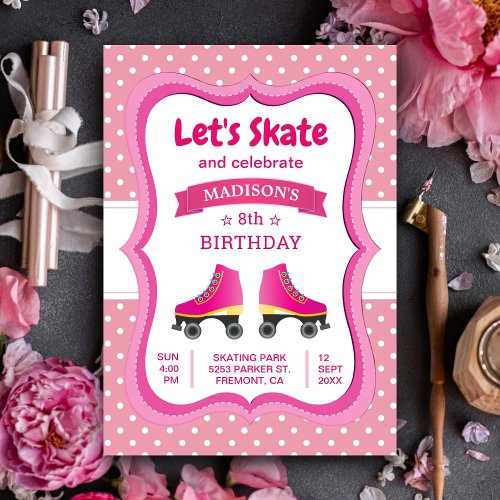 Pink Roller Skate Kids Skating Birthday Party Invitation
