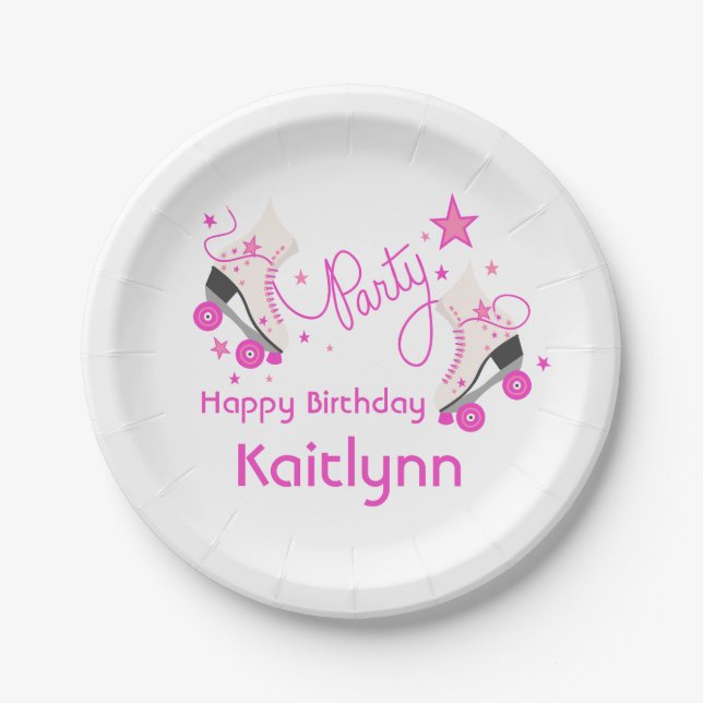Pink Roller Skates Birthday Party Paper Plates (Front)