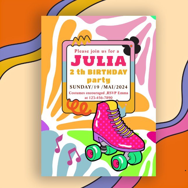  pink Roller Skating Birthday COLORFUL  Retro Invitation (Creator Uploaded)