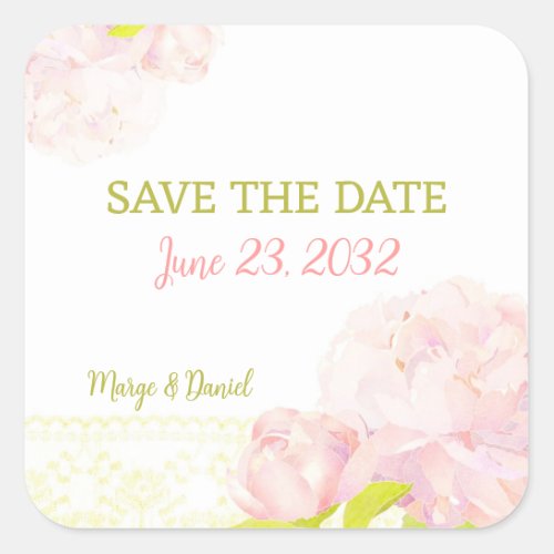 Pink Romance Peony Wedding Save the Date Square Sticker
