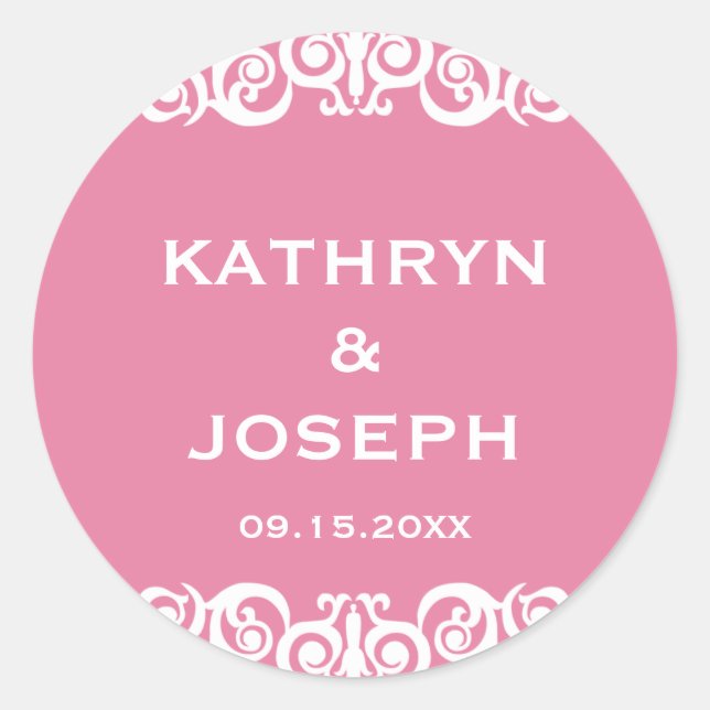 Pink romance Victorian scroll wedding favor label (Front)