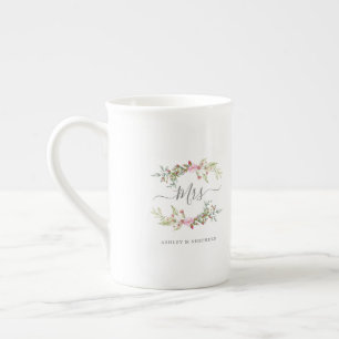 Pink Romantic Floral Wreath For Mrs or Bride2be Bone China Mug