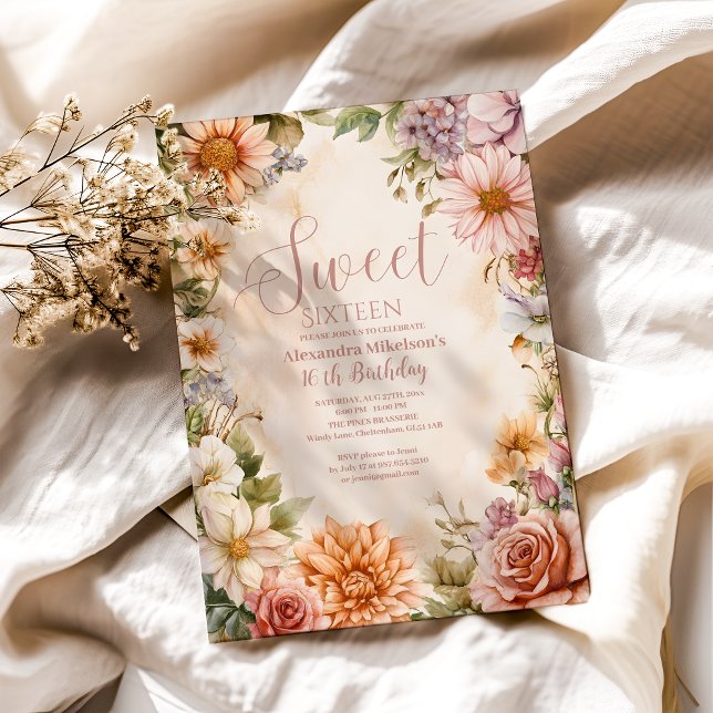 Pink Romantic Pastel Wildflowers Sweet 16 Invitation (Creator Uploaded)