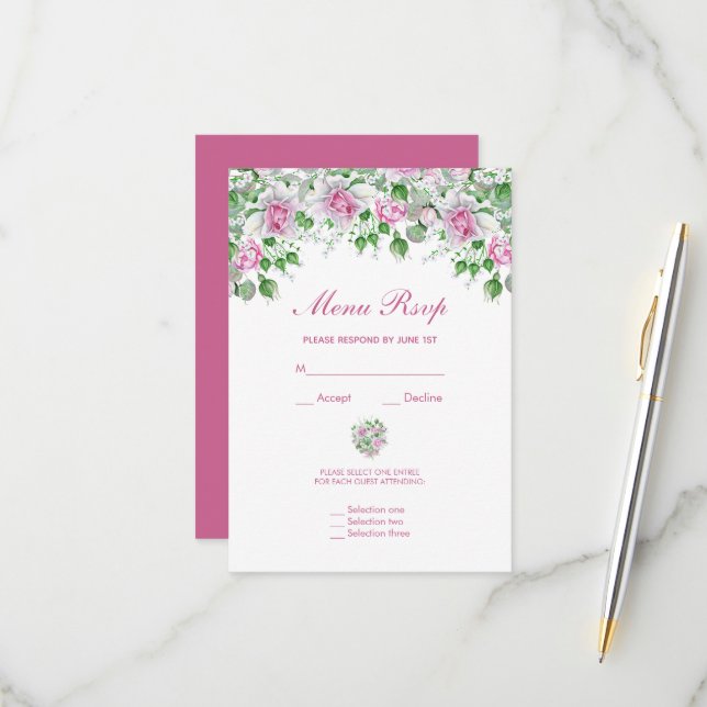 Pink Romantic Roses Wedding Menu RSVP (Front/Back In Situ)
