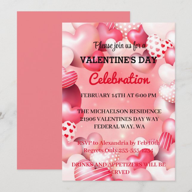 Pink Romantic Valentine's Day Love Party  hearts Invitation (Front/Back)