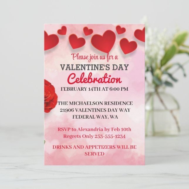 Pink Romantic Valentine's Day Love Party  Invitati Invitation (Standing Front)