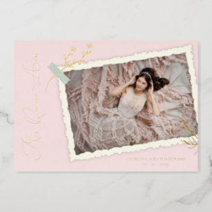 Pink Romantic Vintage Photo Album Scrapbook XV Foil Invitation
