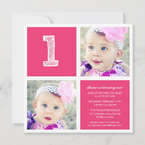 Pink Room for Squares First Birthday Party Photo Invitation
