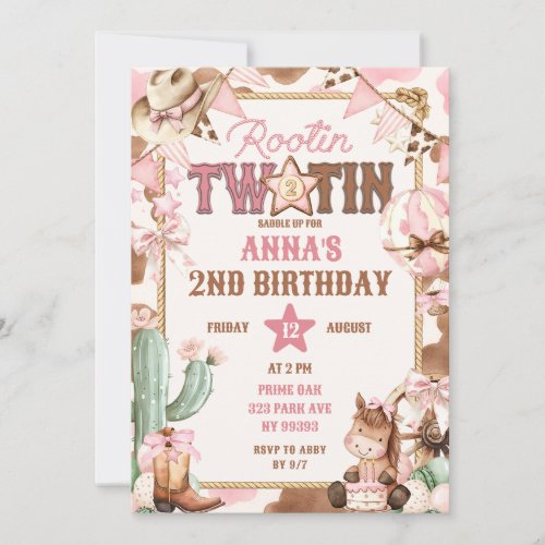 Pink Rootin Two-Tin Second Birthday Invitation