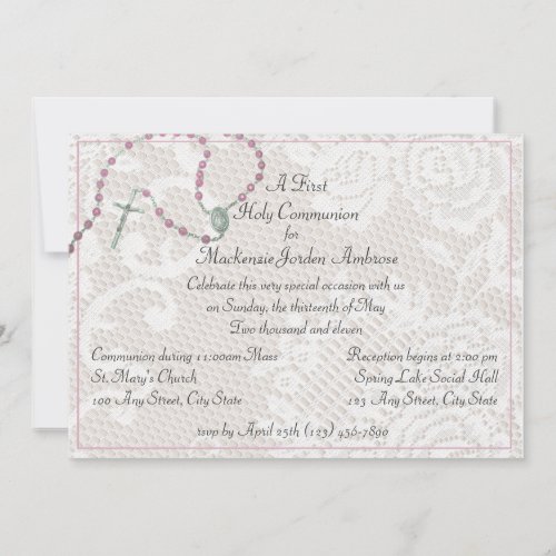 Pink Rosary and Lace Communion Invitation