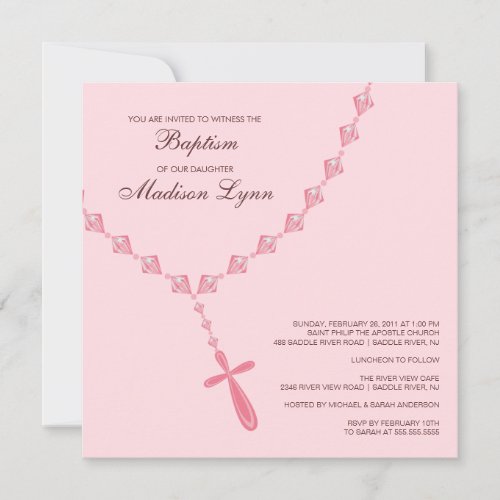 Pink Rosary Bead Baby Girl Baptism Inviation Invitation