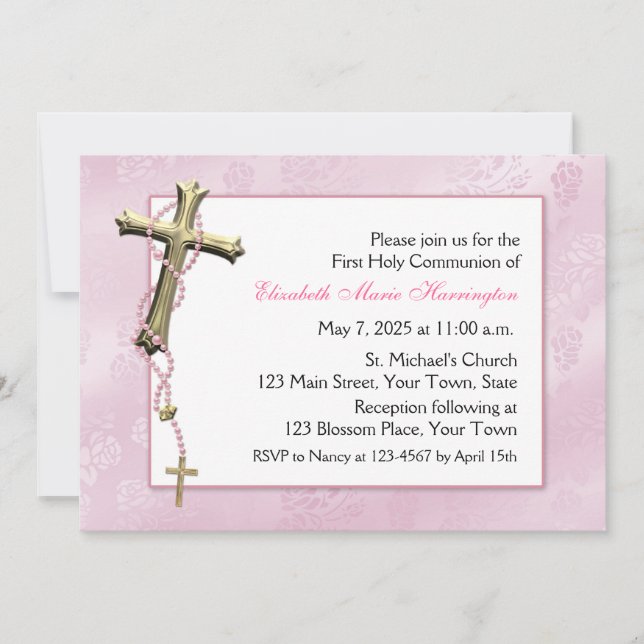 Pink Rosary Beads, Cross, Religious Invitation (Front)